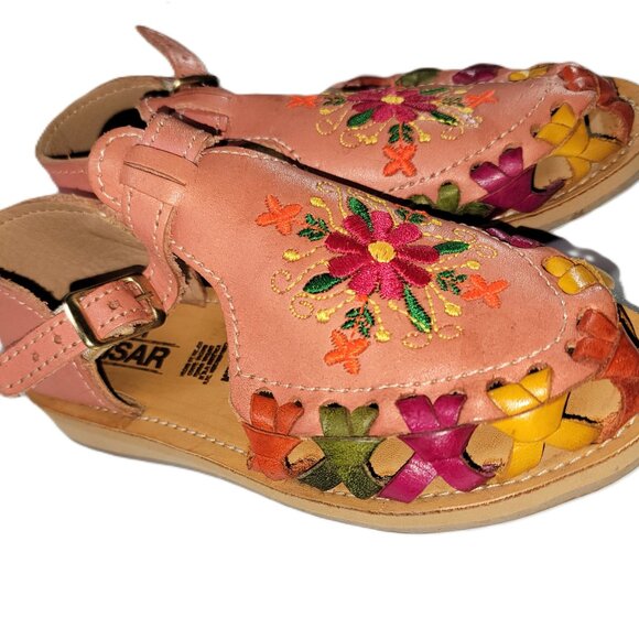 Huaraches Mexican Handmade Little Girls Embroidered Leather Sandals US 11 MX 17 - Picture 2 of 5